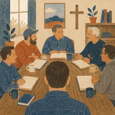 Men Discussing Scripture Around Church Table