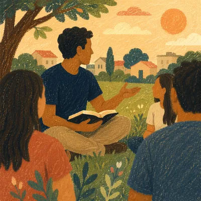 Men’s Bible Study on Sunny Church Lawn