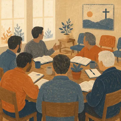 Men’s Bible Study Discussion in Fellowship Room
