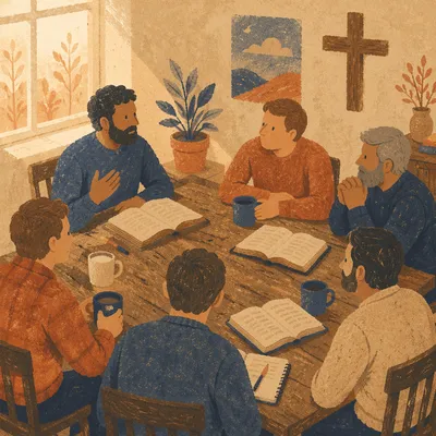 Men’s Bible Study Around Wooden Table