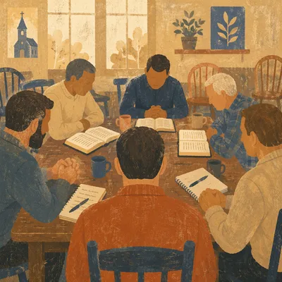 Men’s Bible Study Around Wooden Table