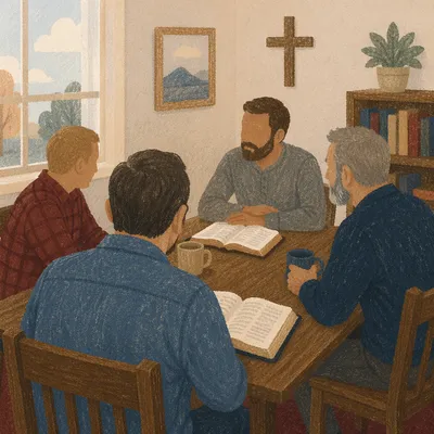 Men’s Bible Study Discussion in Church Room