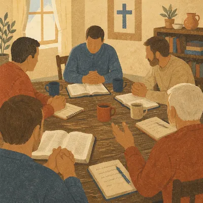 Men’s Bible Study Around Wooden Table