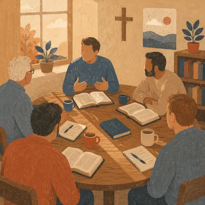 Men’s Bible Study Around Wooden Table