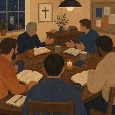 Men Bible Study Around Wooden Table