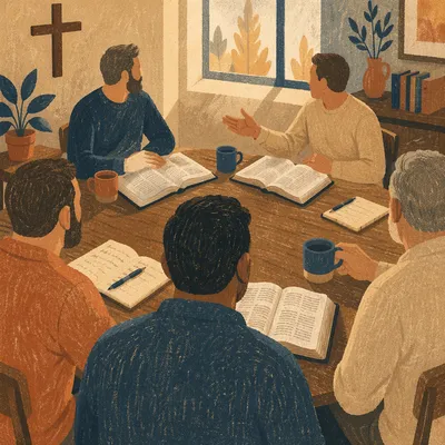 Mens Bible Study Around Wooden Table