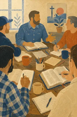 Men’s Bible Study Around Wooden Table