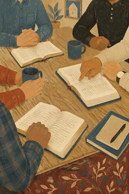 Men’s Bible Study Around Wooden Church Table