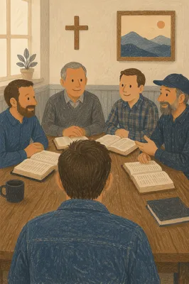 Men’s Bible Study Around Wooden Table