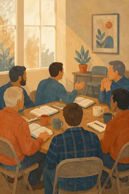 Mens Bible Study Discussion in Church Room