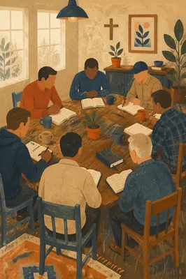 Men's Bible Study Around Wooden Table