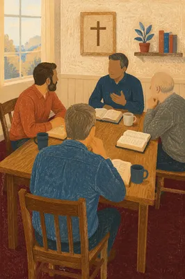 Men’s Bible Study Discussion in Church Room