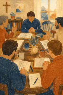 Men’s Bible Study Around Wooden Table
