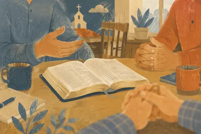 Men Discussing Scripture Around an Open Bible