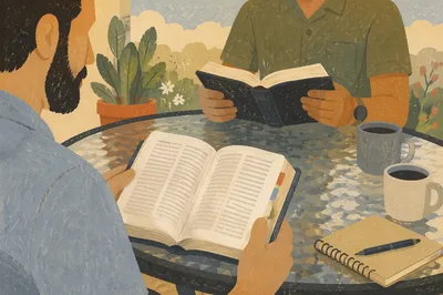 Men Discussing Scripture Around Patio Table