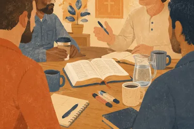 Men Bible Study Fellowship Around Wooden Table