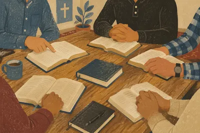 Men Bible Study Discussion Around Church Table