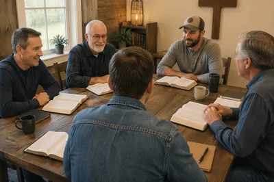 Mens Bible Study Around Wooden Table