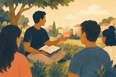 Men’s Bible Study on Sunny Church Lawn