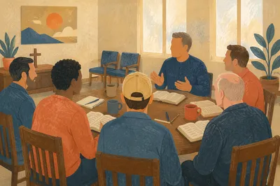Mens Bible Study Group in Fellowship Room
