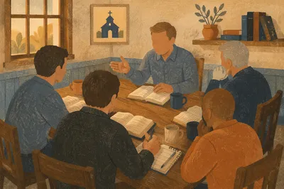 Mens Bible Study Group in Fellowship Room