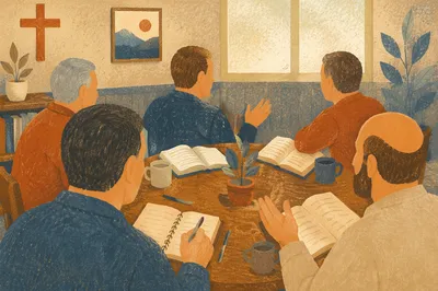 Men’s Bible Study Discussion in Fellowship Room