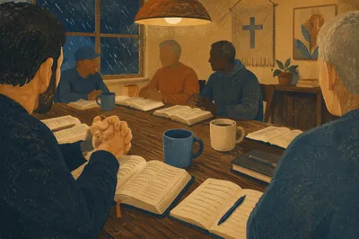 Men’s Bible Study Around Wooden Table