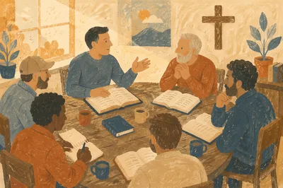 Men’s Bible Study Around Wooden Table