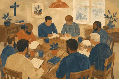 Men’s Bible Study Around Wooden Table