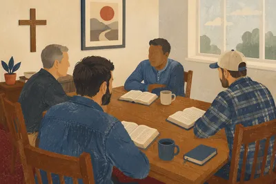Men Discuss Scripture Around Church Table