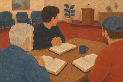 Men Sharing Bible Study Around Church Table
