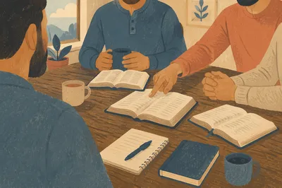 Men’s Bible Study Around Rustic Church Table