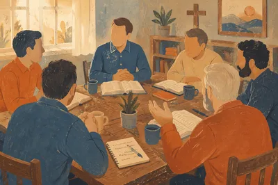 Men’s Bible Study Around Wooden Table