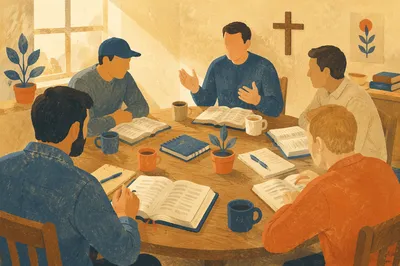 Men’s Bible Study Around Wooden Table