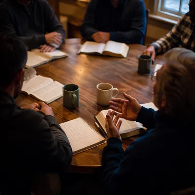Men’s Bible Study Around Wooden Table
