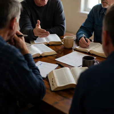 Men’s Bible Study Around Wooden Table