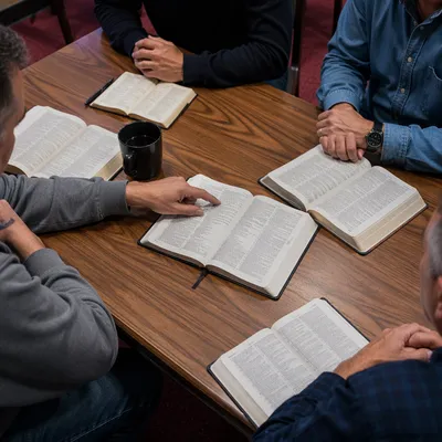 Men’s Bible Study Around Wooden Table