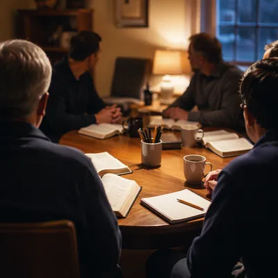 Men’s Bible Study Around Wooden Table
