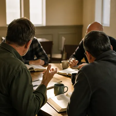 Men’s Bible Study Discussion in Fellowship Room