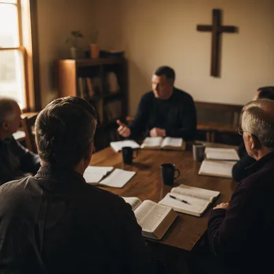 Men’s Bible Study Around Wooden Table