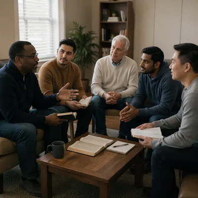 Mens Bible Study Group in चर्च Discussion Room