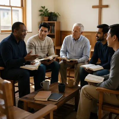 Men’s Bible Study Discussion in Church Room