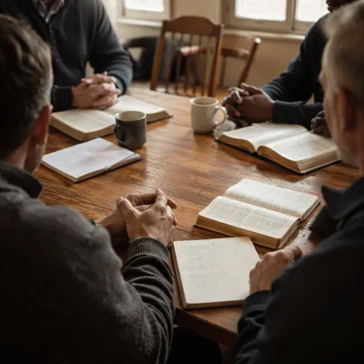 Men’s Bible Study Around Wooden Table
