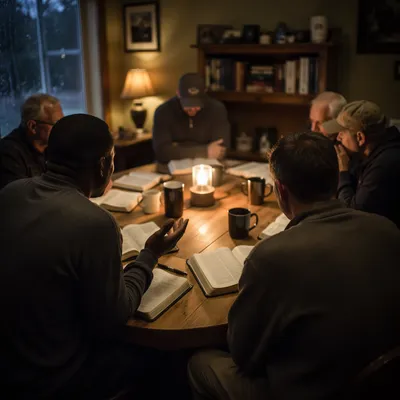 Men’s Bible Study Around Wooden Table