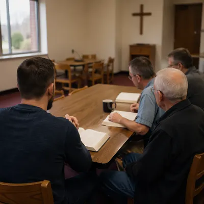 Men’s Bible Study Discussion in Church Room