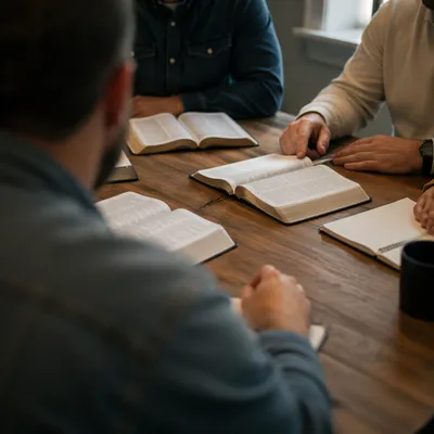 Men’s Bible Study Around Rustic Table