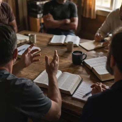 Men’s Bible Study Around Wooden Table