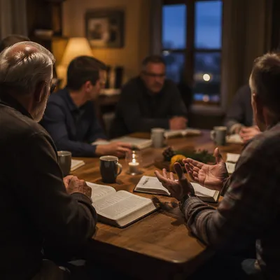 Men's Bible Study Around Wooden Table