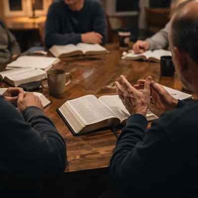Men’s Bible Study Around Wooden Table