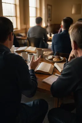 Men’s Bible Study Discussion Around Wooden Table